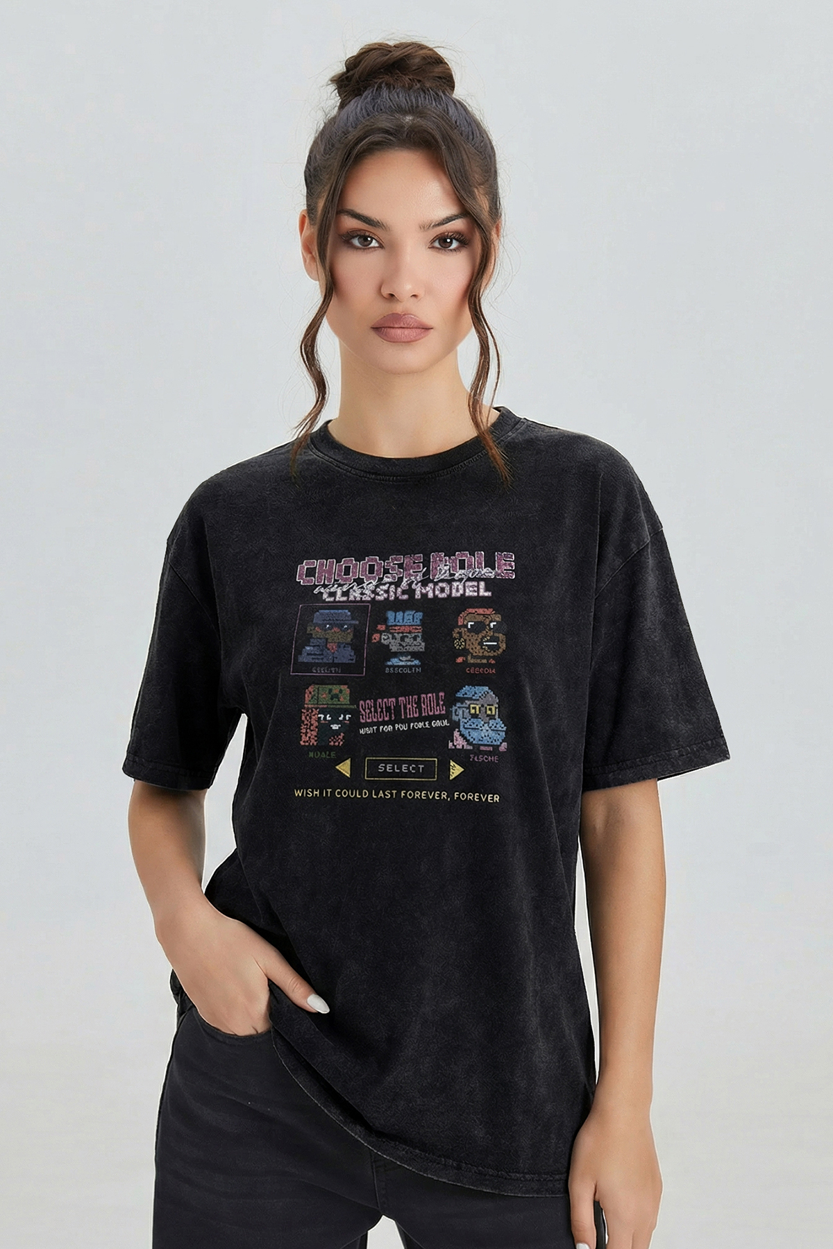 KatchMe Vintage Washed Pixelated Cartoon Print Soft Loose T-Shirt