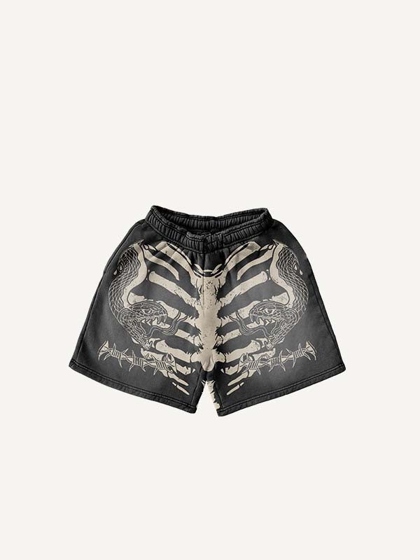 Skeleton&Heart&Snake Print Drawstring Waist Shorts