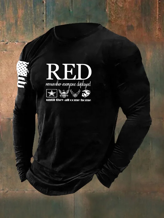 Men'S Red Remember Everyone Deployed Until They All Come Home Pattern Long Sleeve 100% Cotton T-Shirt
