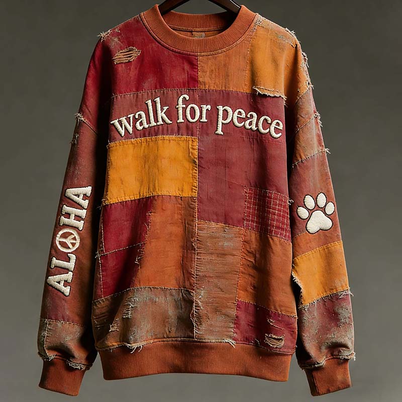 Women's Vintage Peace For Walk Art In Patchwork Print Crew Neck Sweatshirt