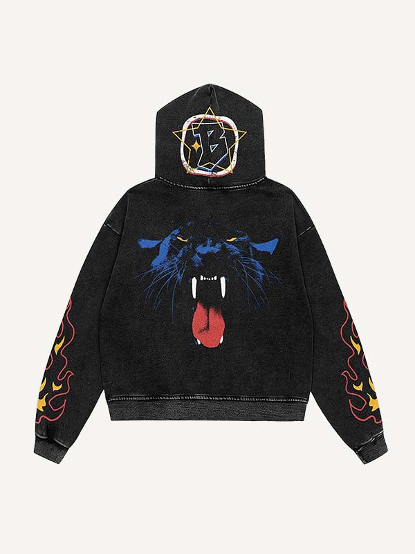 Leopard&Fire&Letter Print Zip Up Hooded Coat