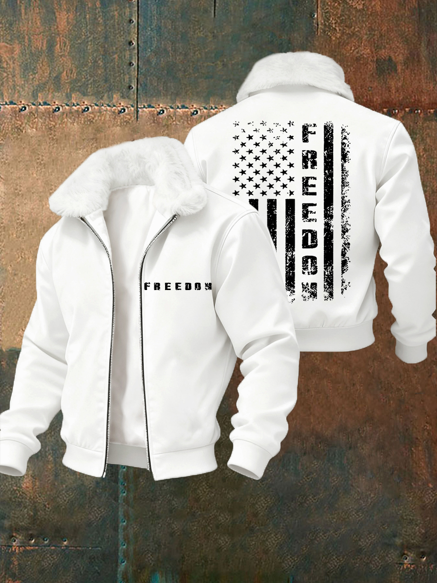 Men's Freedom  Flag Print Fur Collar Zip-Up Jacket