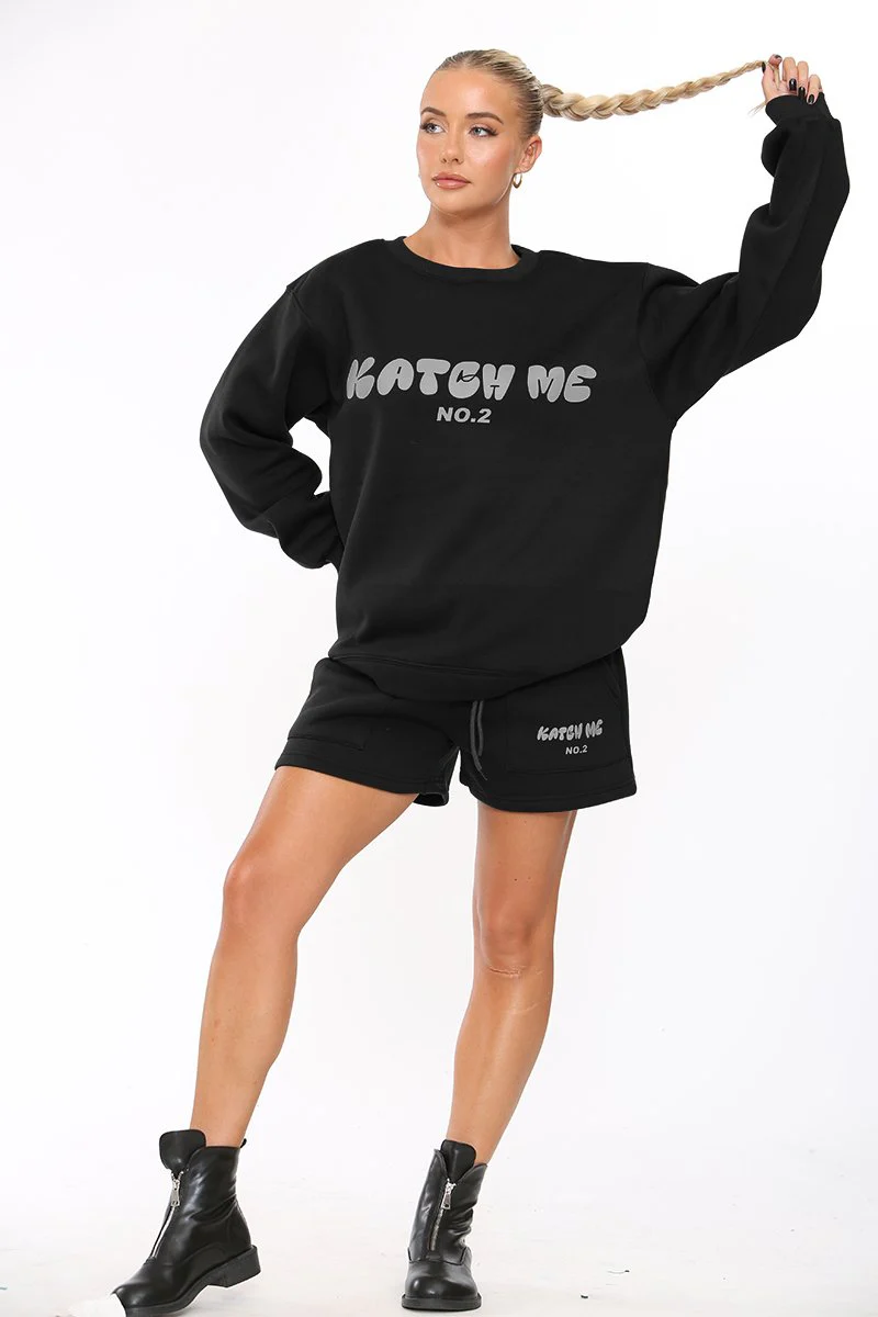 Black Letter-Print Crewneck Sweatshirt & Drawstring-Shorts 2-Piece Set