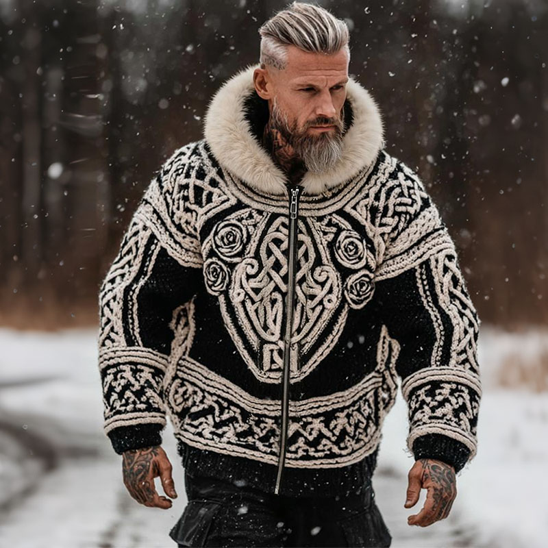 Men's Viking Celtic With Rose Art Cozy Fur Collar Knit Hooded Sweater Jacket