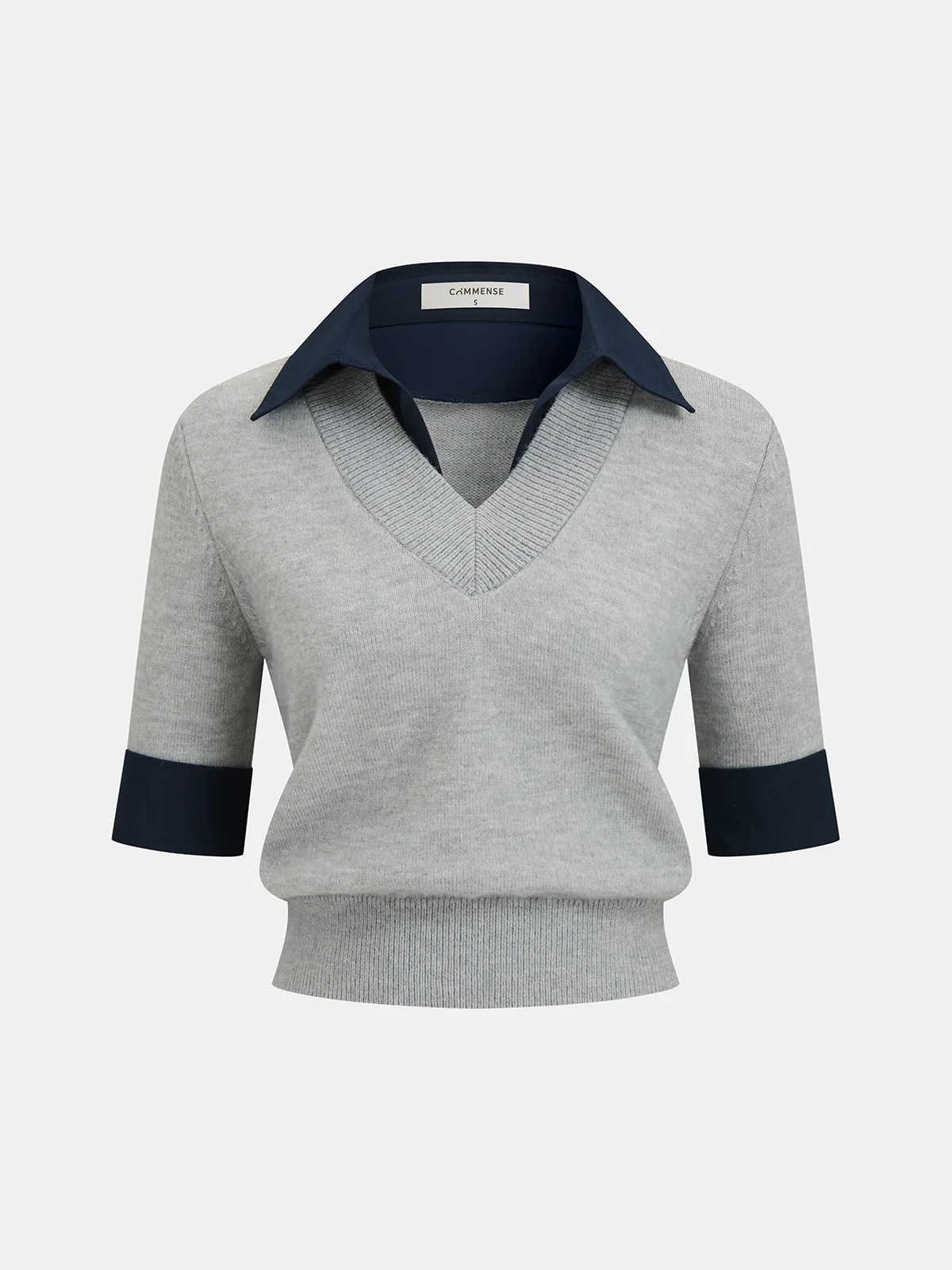 Contrast Collar Elbow Sleeve Knit Top