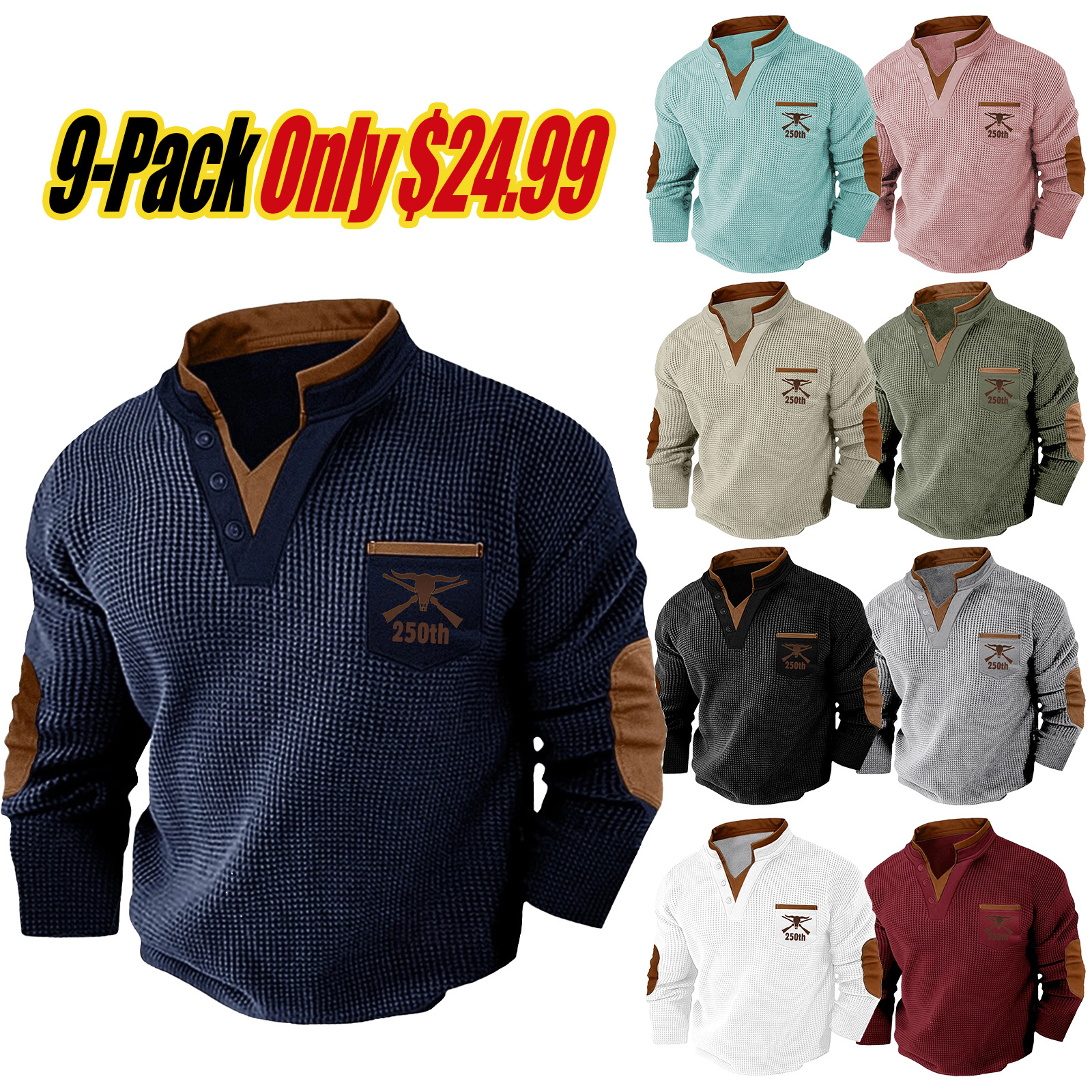 Men's Waffle Tee Waffle Henley Shirt Long Sleeve V Neck Spring