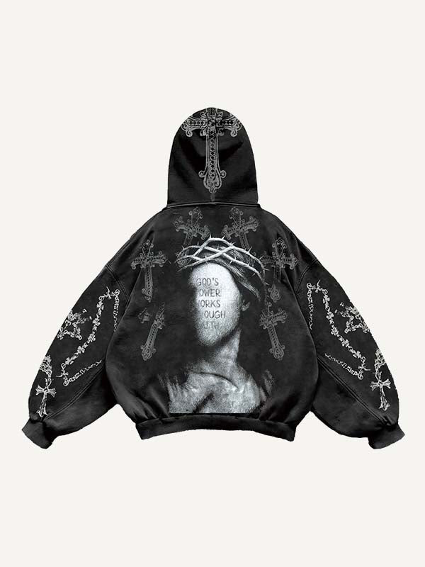 Figure&Cross&Letter Print Slant Pockets Hoodie