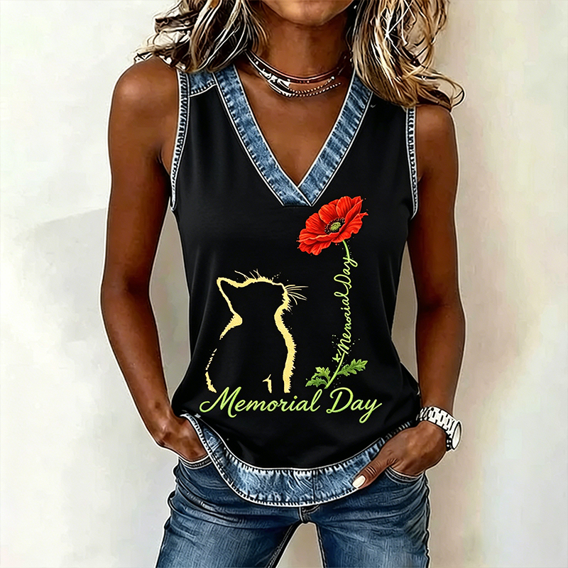 Women's Memorial Day Poppy Cat Art Printed Tank Top