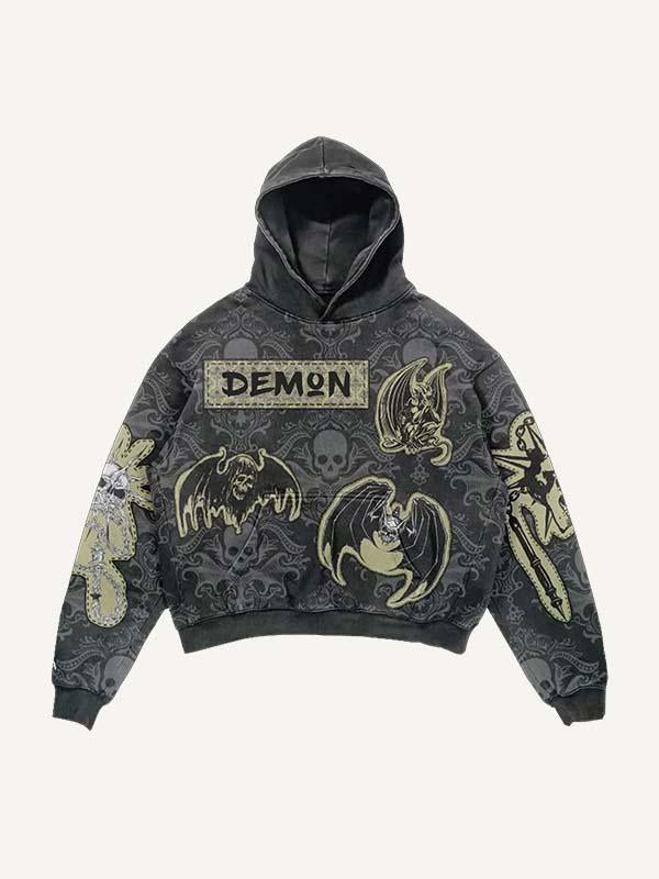 Skull&Wing&Figure&Graphic Faux Decal Print Slant Pockets Hoodie