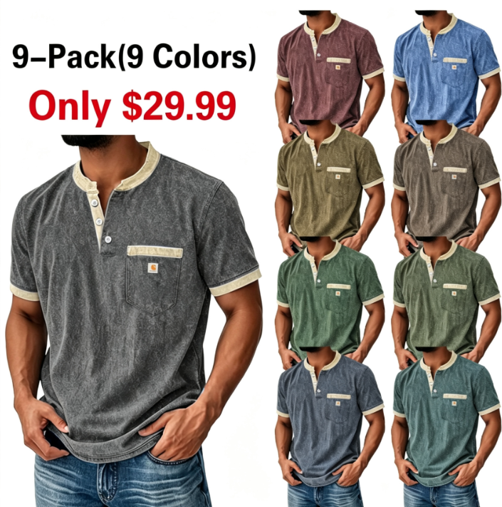 Men's Henley Shirt 100% Cotton Acid Wash Shirt T shirt Tee Short Sleeve Solid Retro