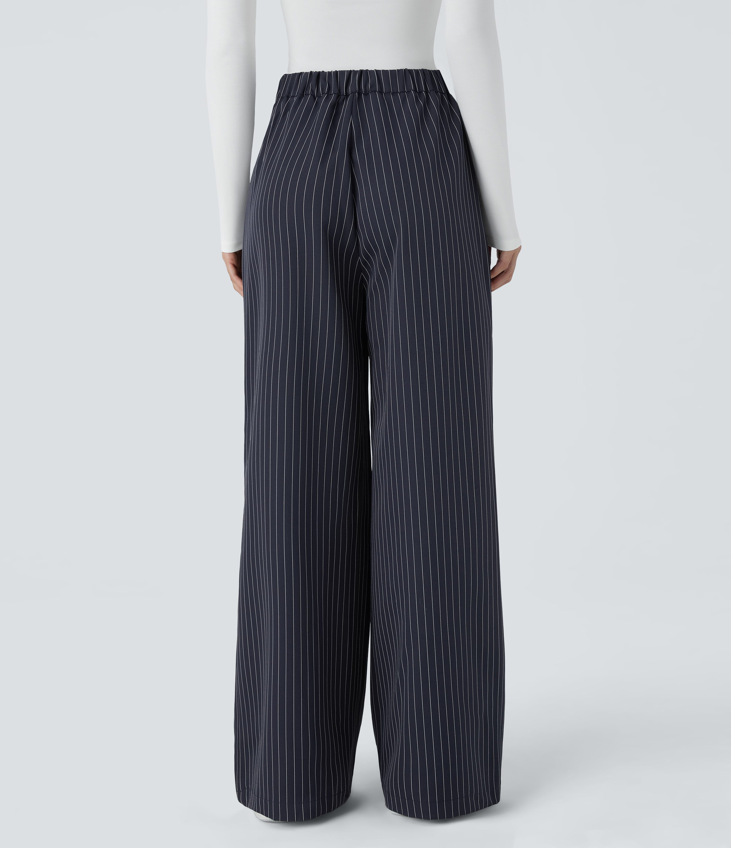 High Waisted Zipper Pocket Wide Leg Striped Work Pants