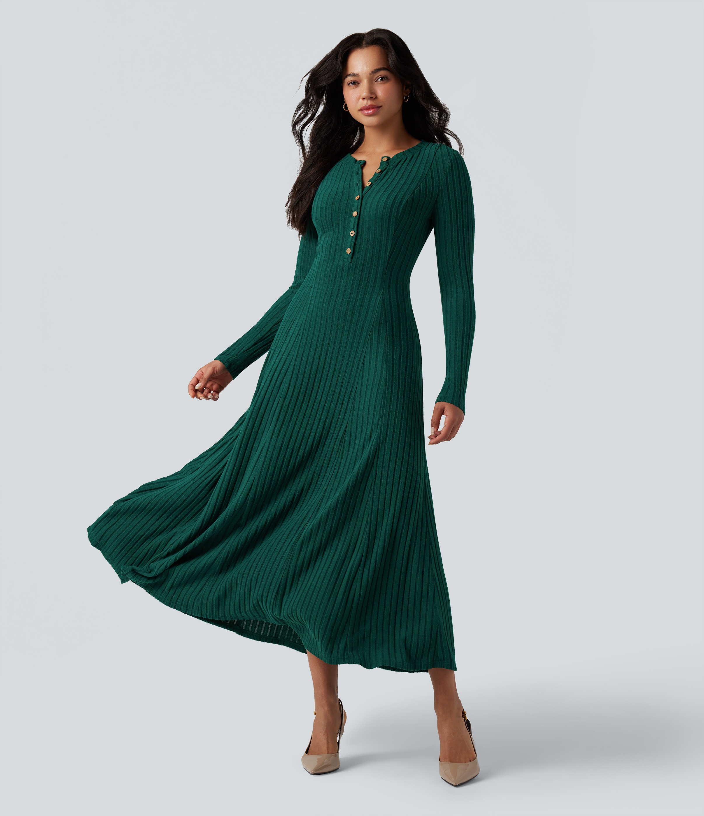 Ribbed Knit Henley Neck Long Sleeve Flowy Maxi Casual Dress