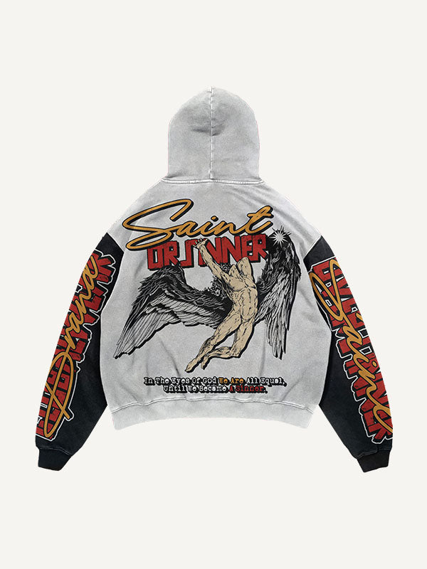 Colorblock Figure&Wing&Letter Print Slant Pockets Hoodie