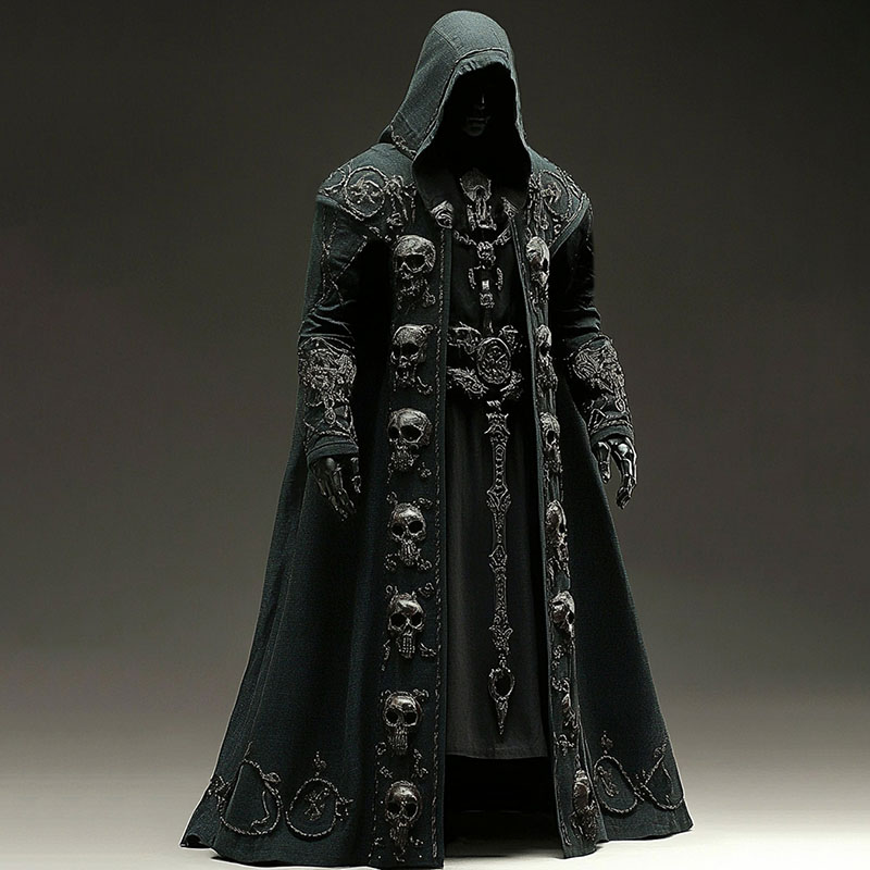Men's Contrast-color Skull Studded Embroidered Hooded Cape