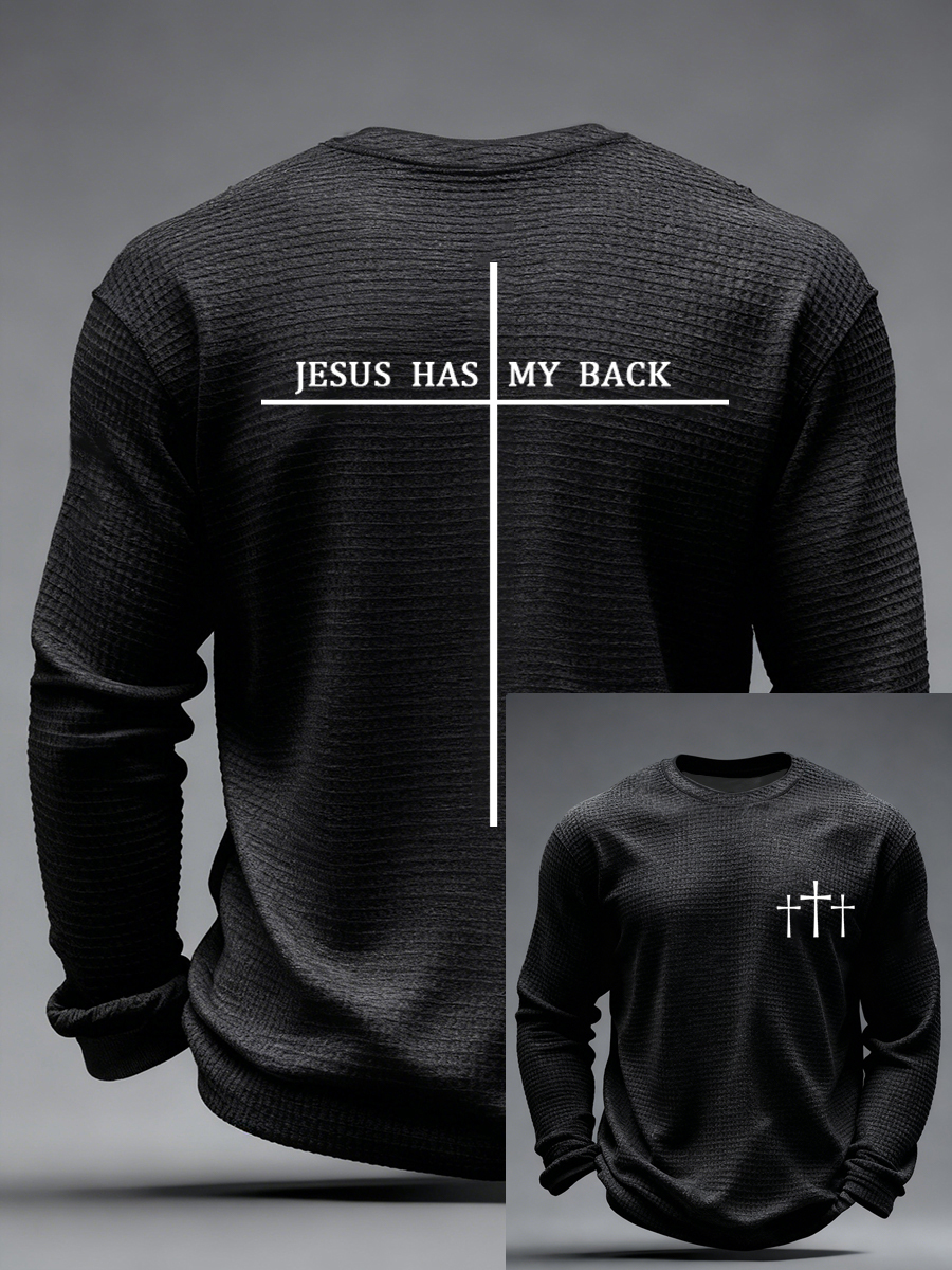 Men's Jesus Has My Back Cross Faith Print Casual Waffle Long Sleeve T-Shirt