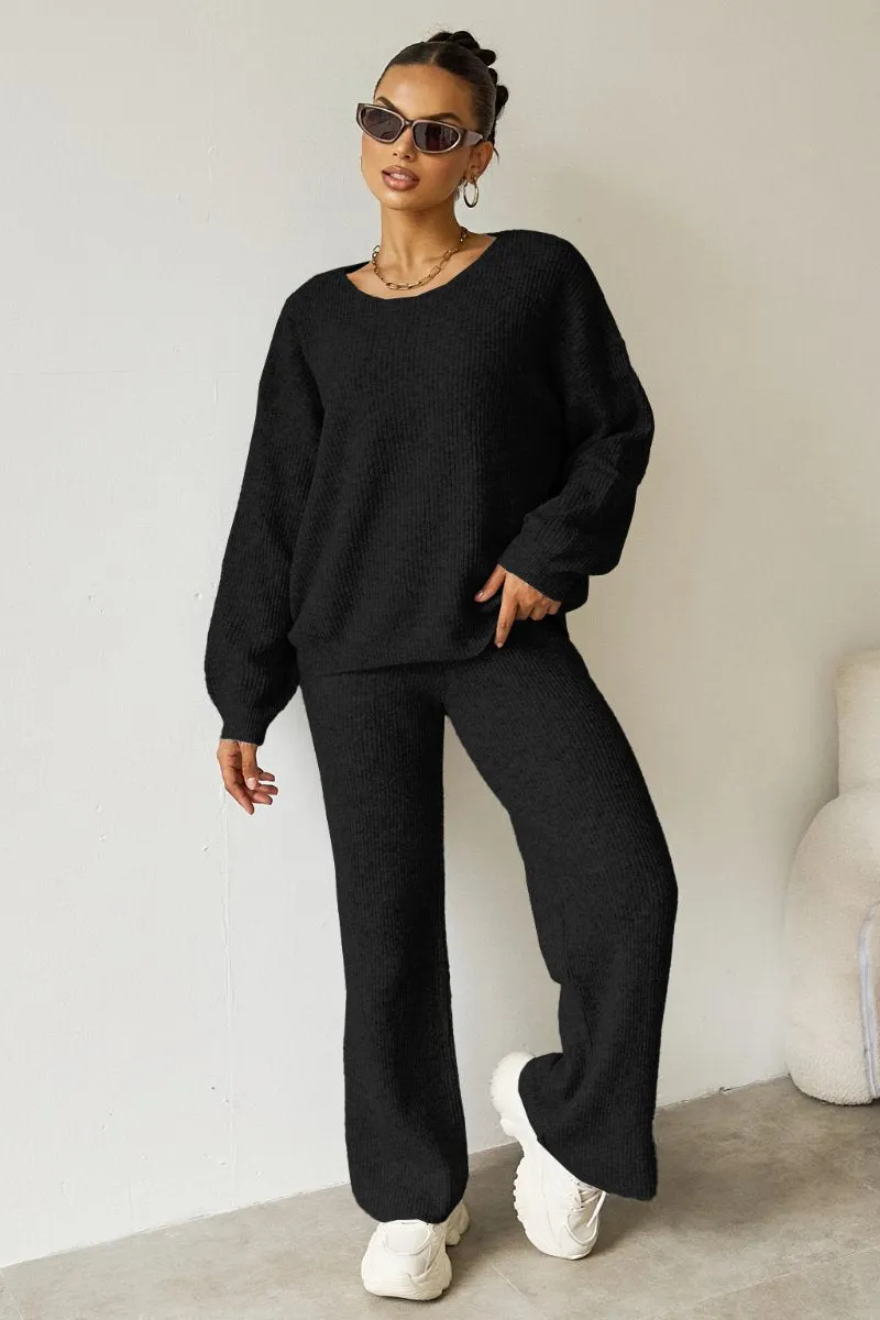 Women's Black Cozy Knit Scoop Neck Long Sleeve Loose Top & Stretch Trousers Co-ord