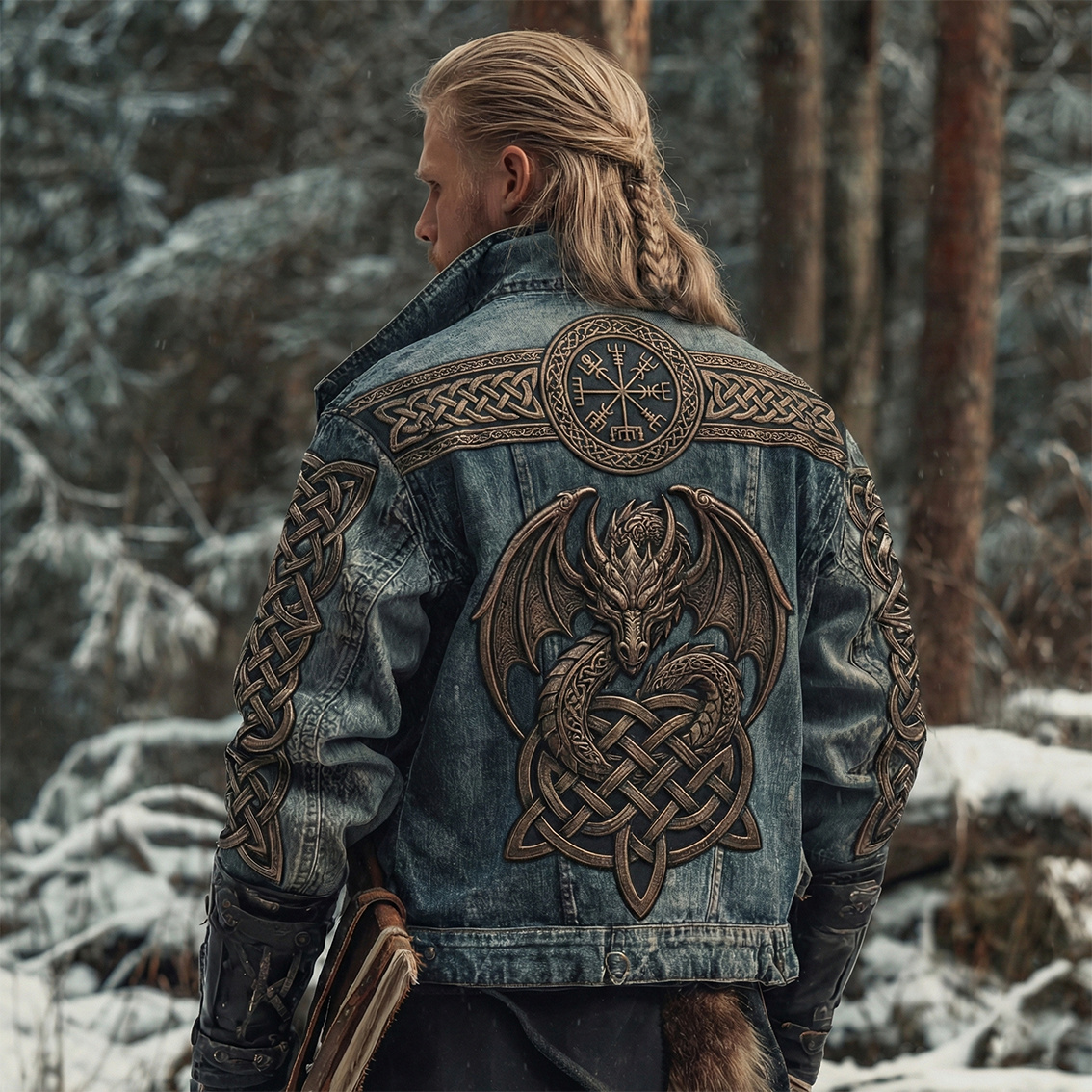 Men's Vintage Viking Celtic Dragon Art Washed Denim Jacket