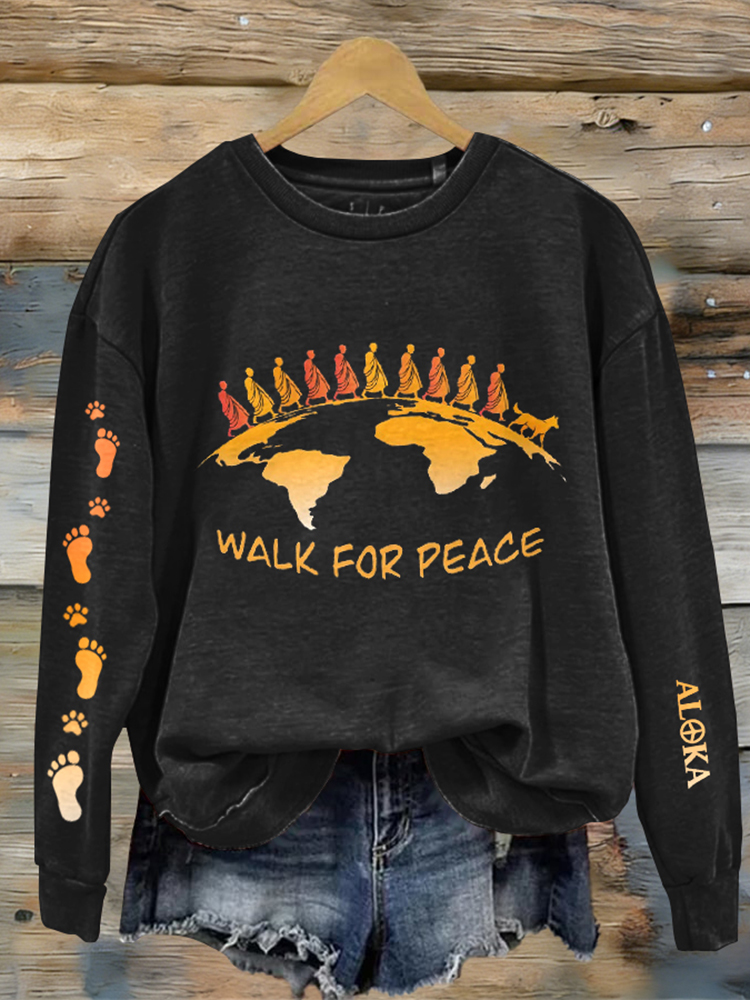 Women's Retro Walk For Peace Monks With Aloka Dog Print Casual Sweatshirt