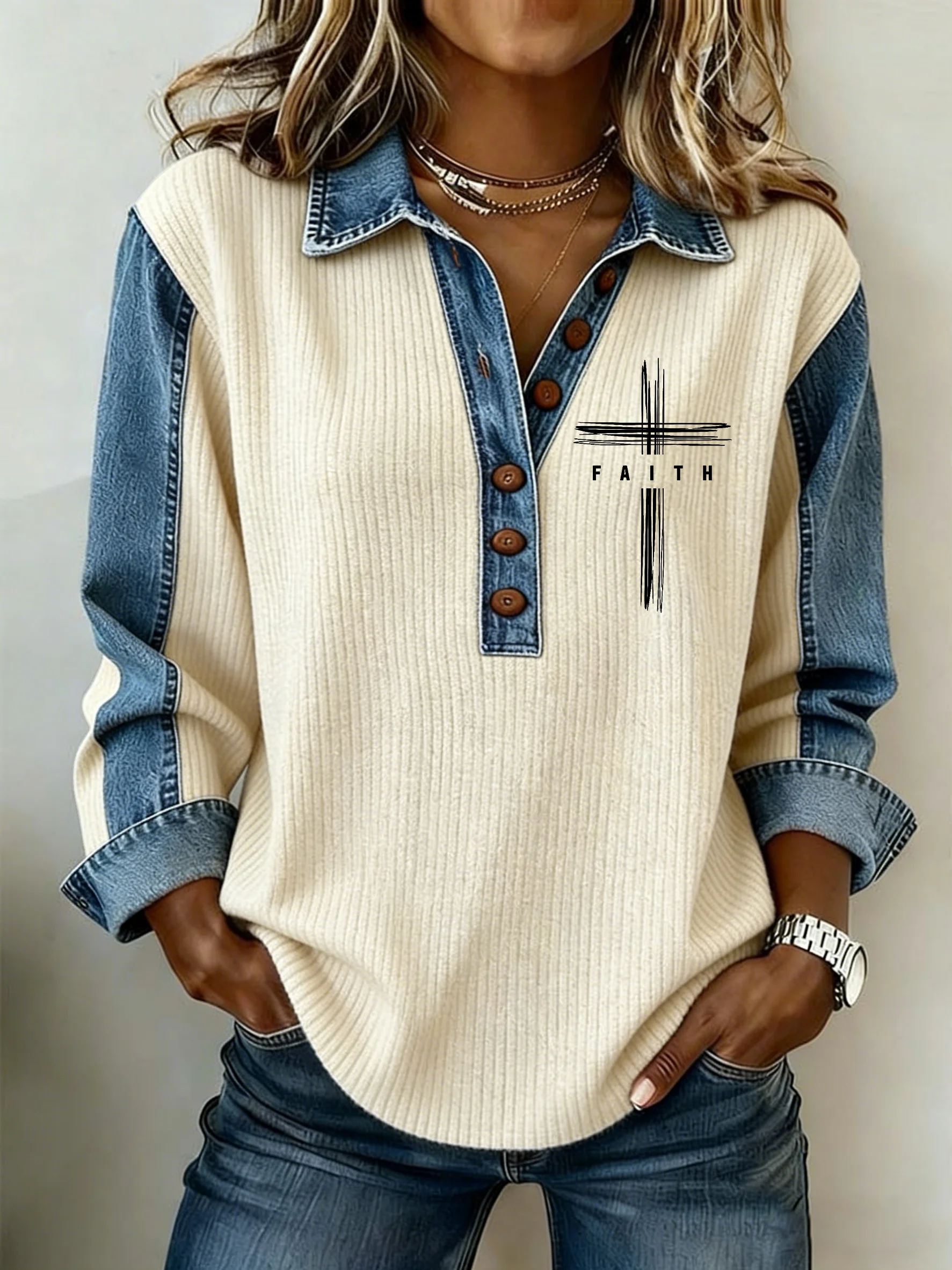 Women's Faith Printed Collar Button-Down Knit Top-Fast Shipping