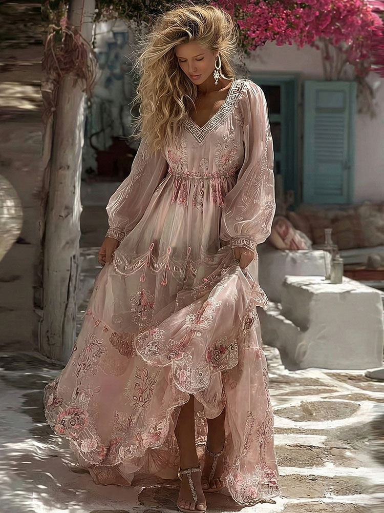 Women's Greece Vacation Greek Key With Floral Print Dress