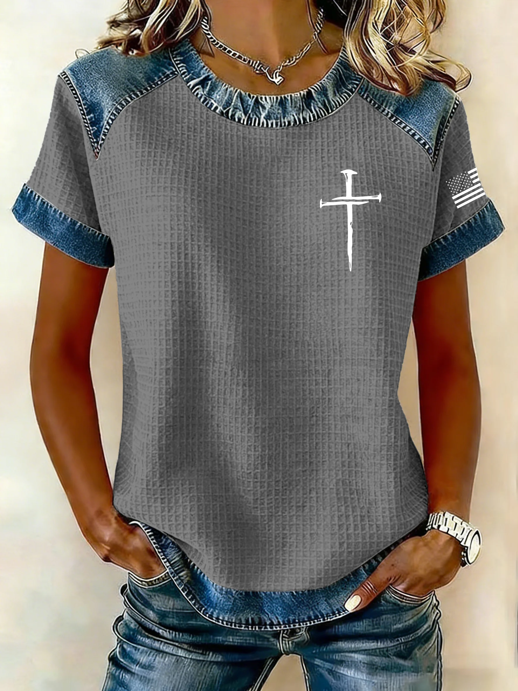 Women's Retro Faith Print Casual Waffle Knit Short-Sleeved T-Shirt-Fast Shipping