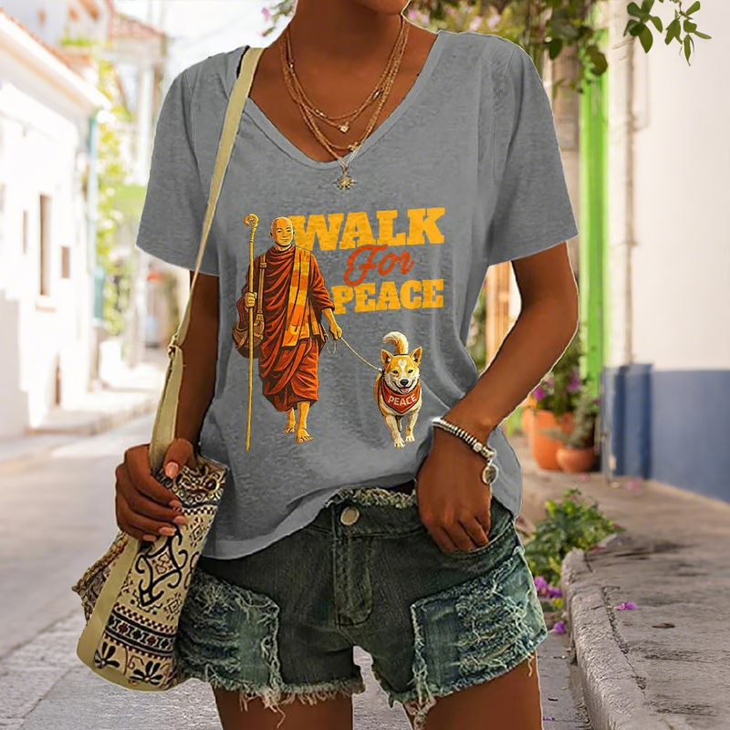 Women's Vintage Walk For Peace Monks With Aloka Dog Print V Neck T-shirt