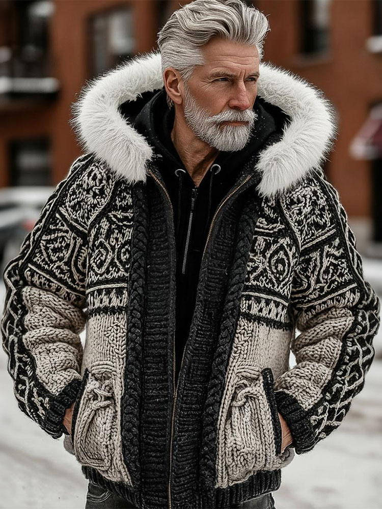 Men's Viking Celtic Art Comfortable Fur Collar Knit Zipper Hooded Sweater Jacket