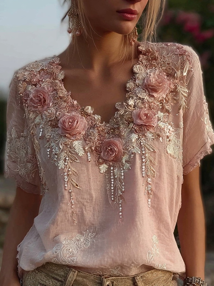 Vintage Boho Glitter Roses Embroidered V Neck Linen Shirt
