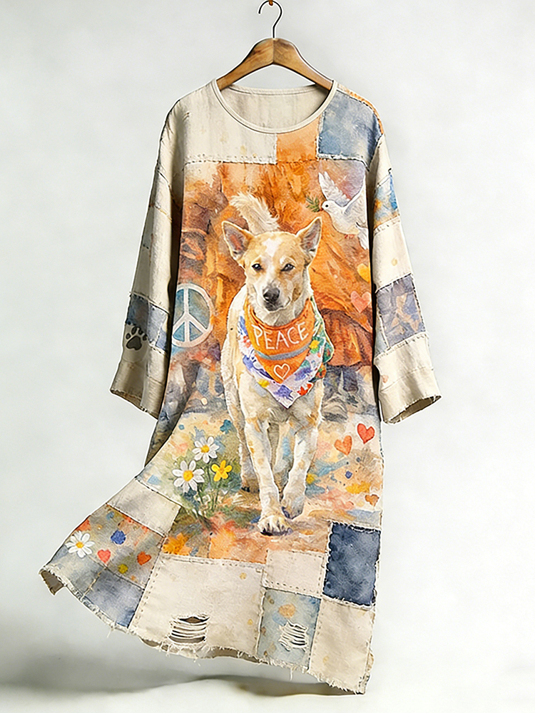 Women's Retro Walk For Peace Monk Aloka Dog Linen Dress
