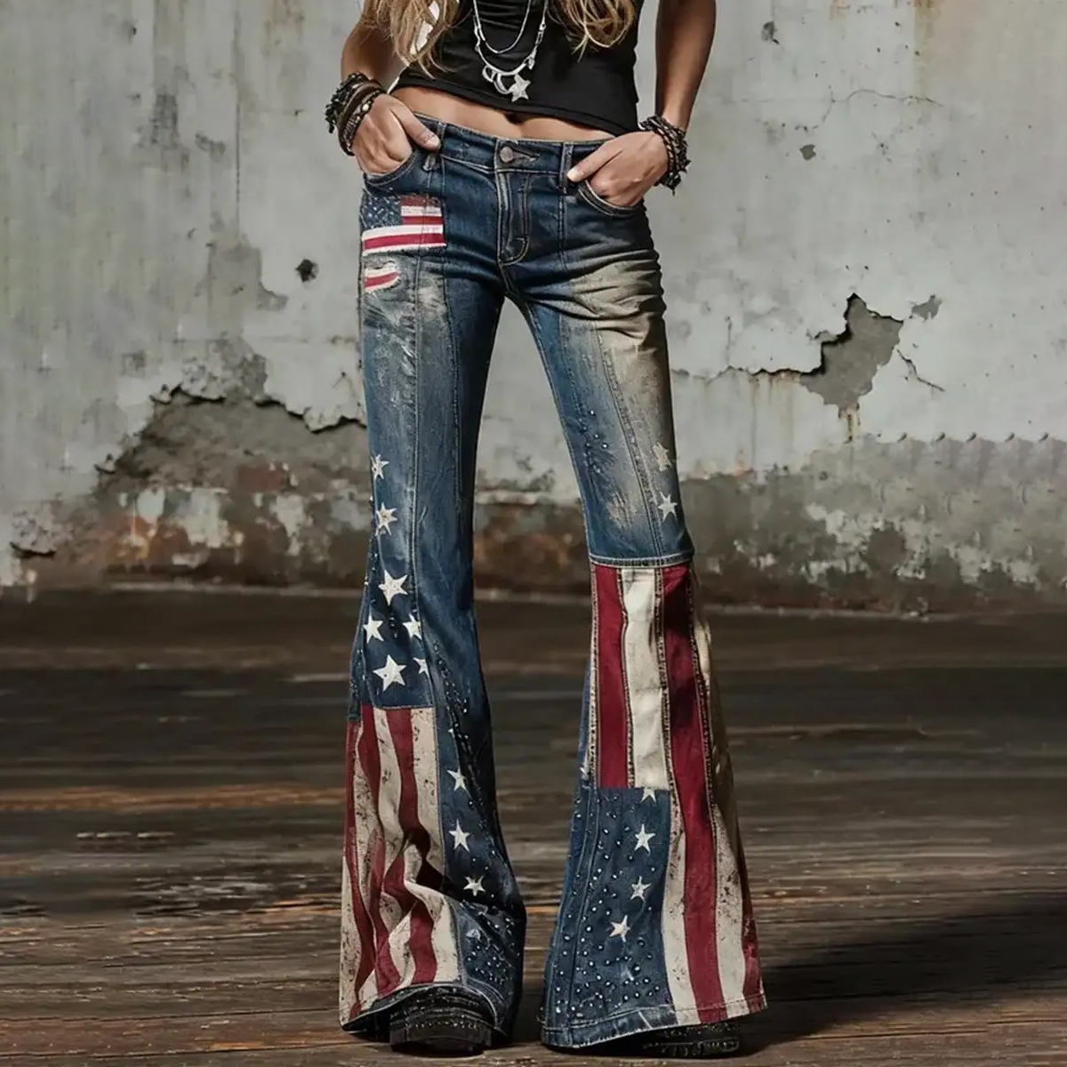 Women's American Flag  Inspired Print Vintage Jeans