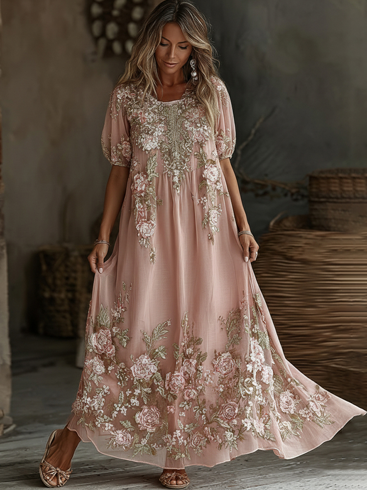 Women's Vintage Rose Floral Embroidered Elegant Short-sleeved Dress