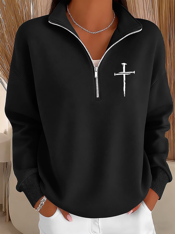 Women's Retro Faith Cross Design Printed Zipper Stand Collar Sweatshirt