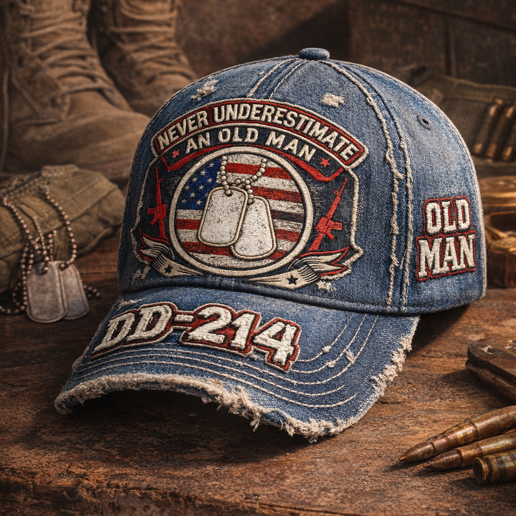 Vintage Distressed Denim Military Veteran Baseball Cap – “Never Underestimate An Old Man” Embroidered Patriotic Hat