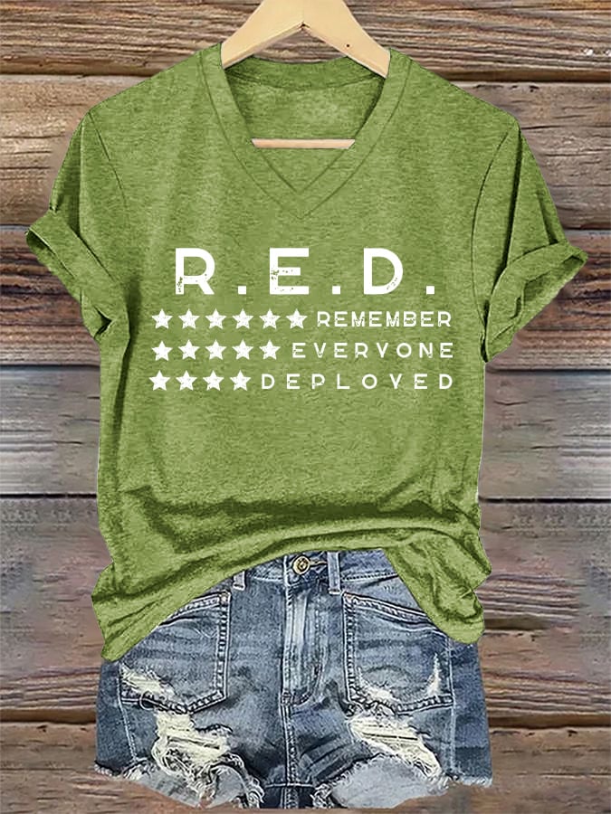 Women's On Fridays We Wear RED Remember Everyone Deployed Print V Neck T-shirt