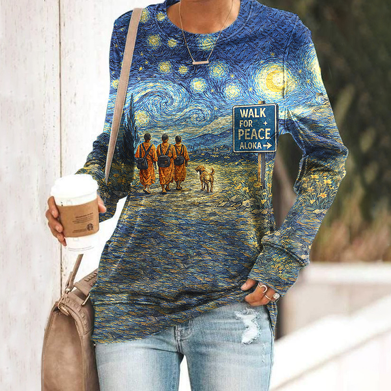 Retro Starry Night Monk And Aloka Dog Print  Casual Sweatshirt
