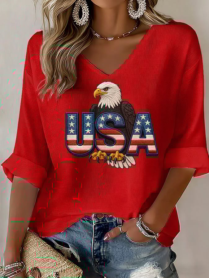 Women's USA Bald Eagle V-Neck Patriotic American Flag Embroidered Graphic Top