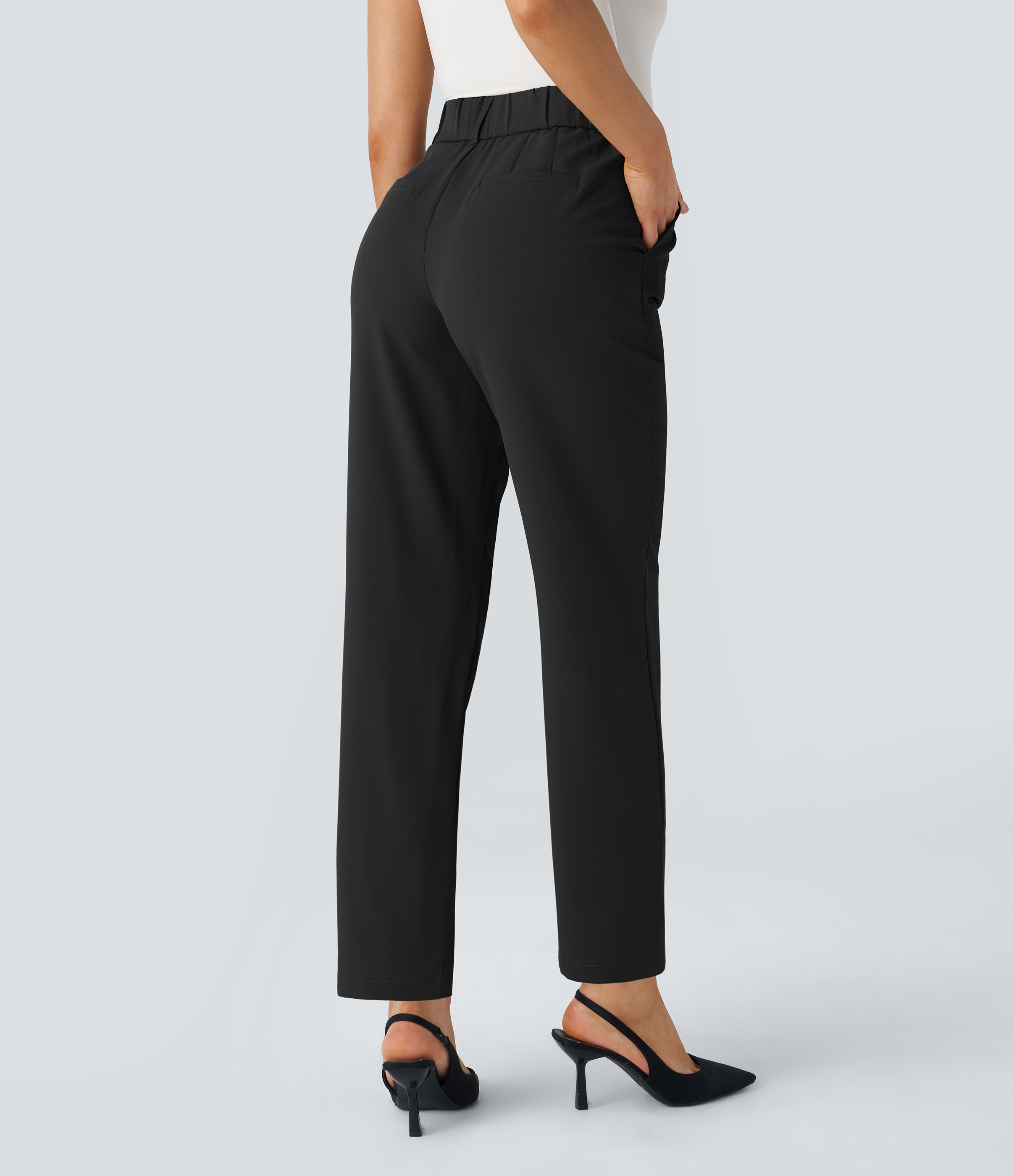 High Waisted Pocket Solid Work Tapered Pants