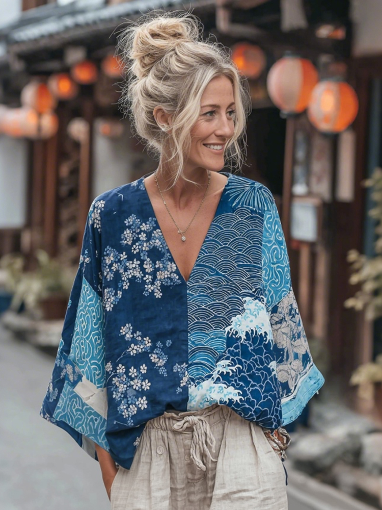 Vintage Japanese Traditional Sashiko And Wave Patchwork Art Print Linen Tops