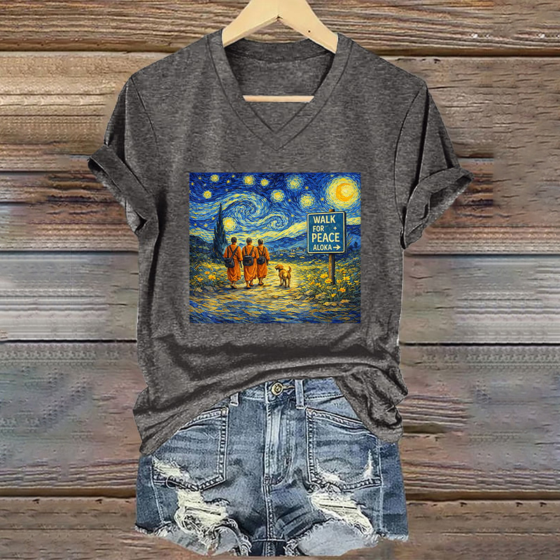 Retro Peace Walking Monk And Aroka Dog Print T-shirt