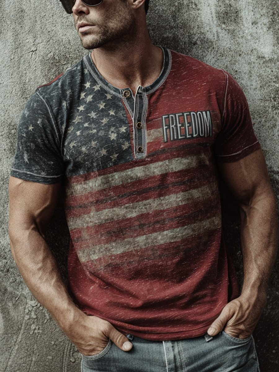 Men's Freedom Print Casual Button T-Shirt