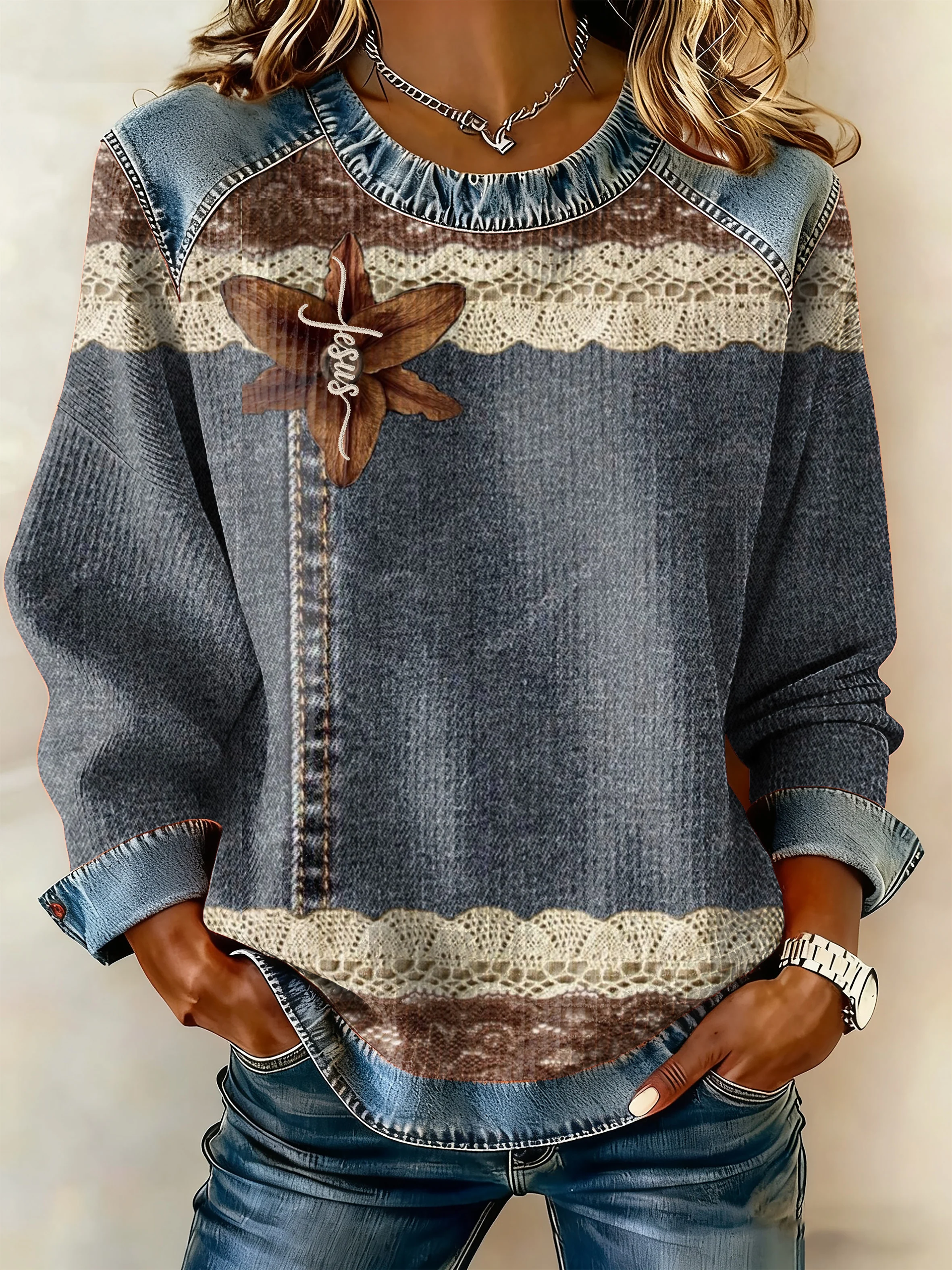 Women's Autumn/Winter Retro Western Style Denim Print Top-Fast Shipping