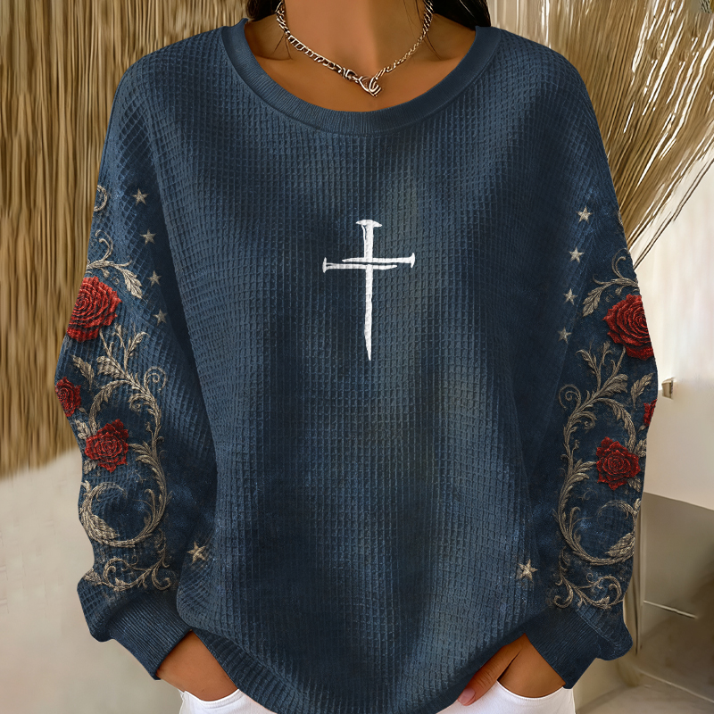 Women's Christianity Faith Cross Print Casual Waffle Sweatshirt