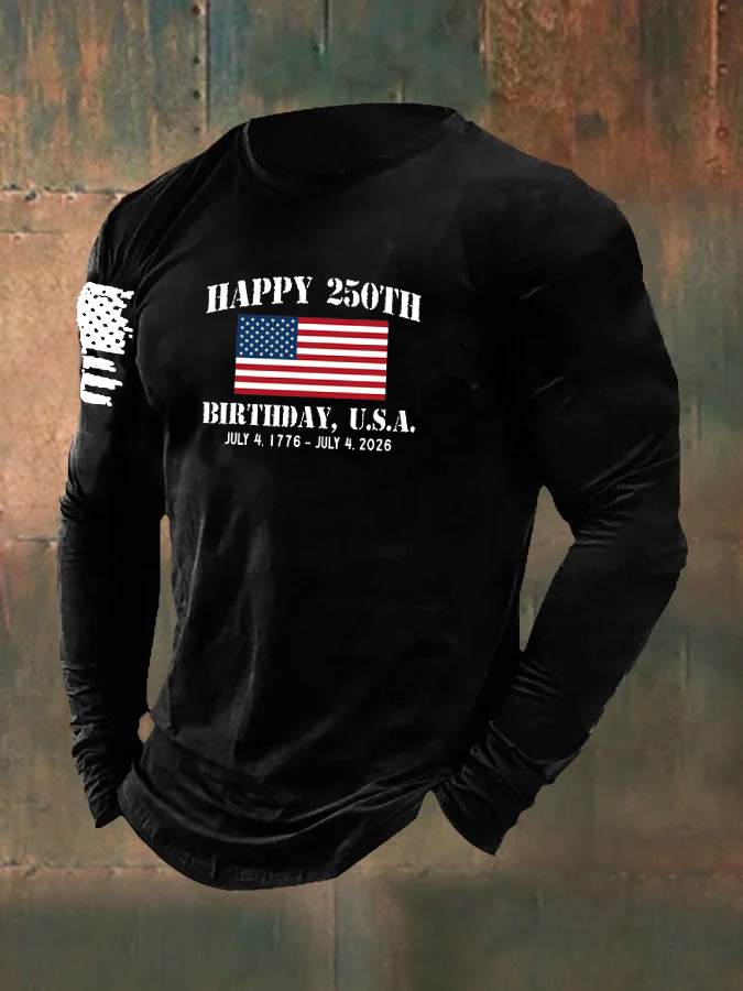 Men's Happy 250th Birthady U.S.A. Pattern Long Sleeve 100% Cotton T-Shirt
