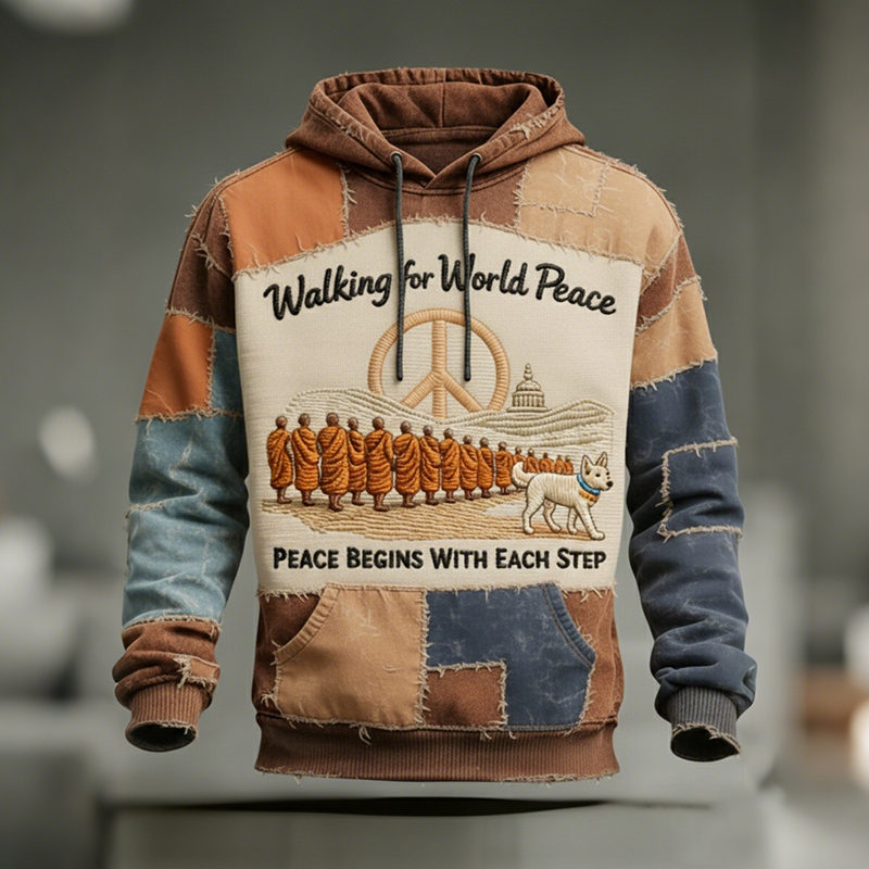 Walking For World Peace Peace Begins With Each Step Artistic Print Distressed Hoodie