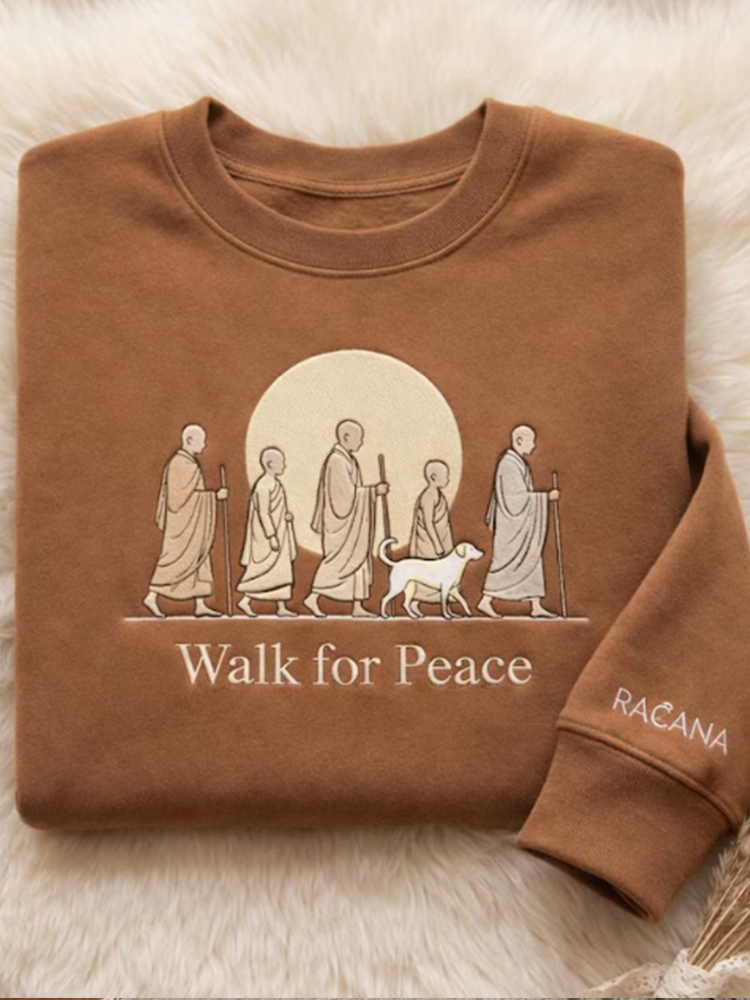 Retro Peace Monk Alokadog Print Crew Neck Sweatshirt