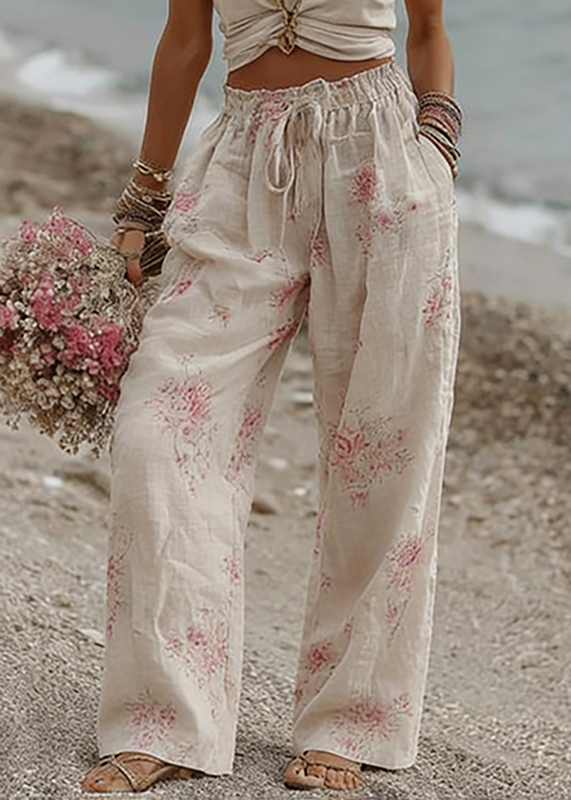 Women's Roses Print Pocket Linen Blend Pants