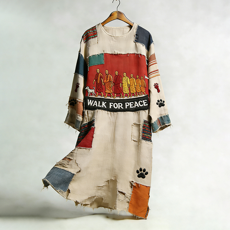 Women's Retro Walk For Peace Monk Aloka Dog Linen Dress