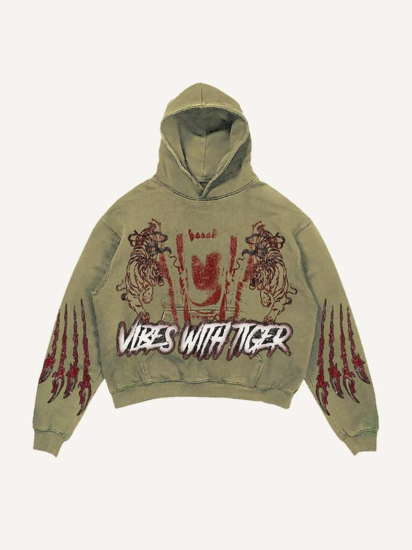 Tiger&Letter Print Slant Pockets Hoodie