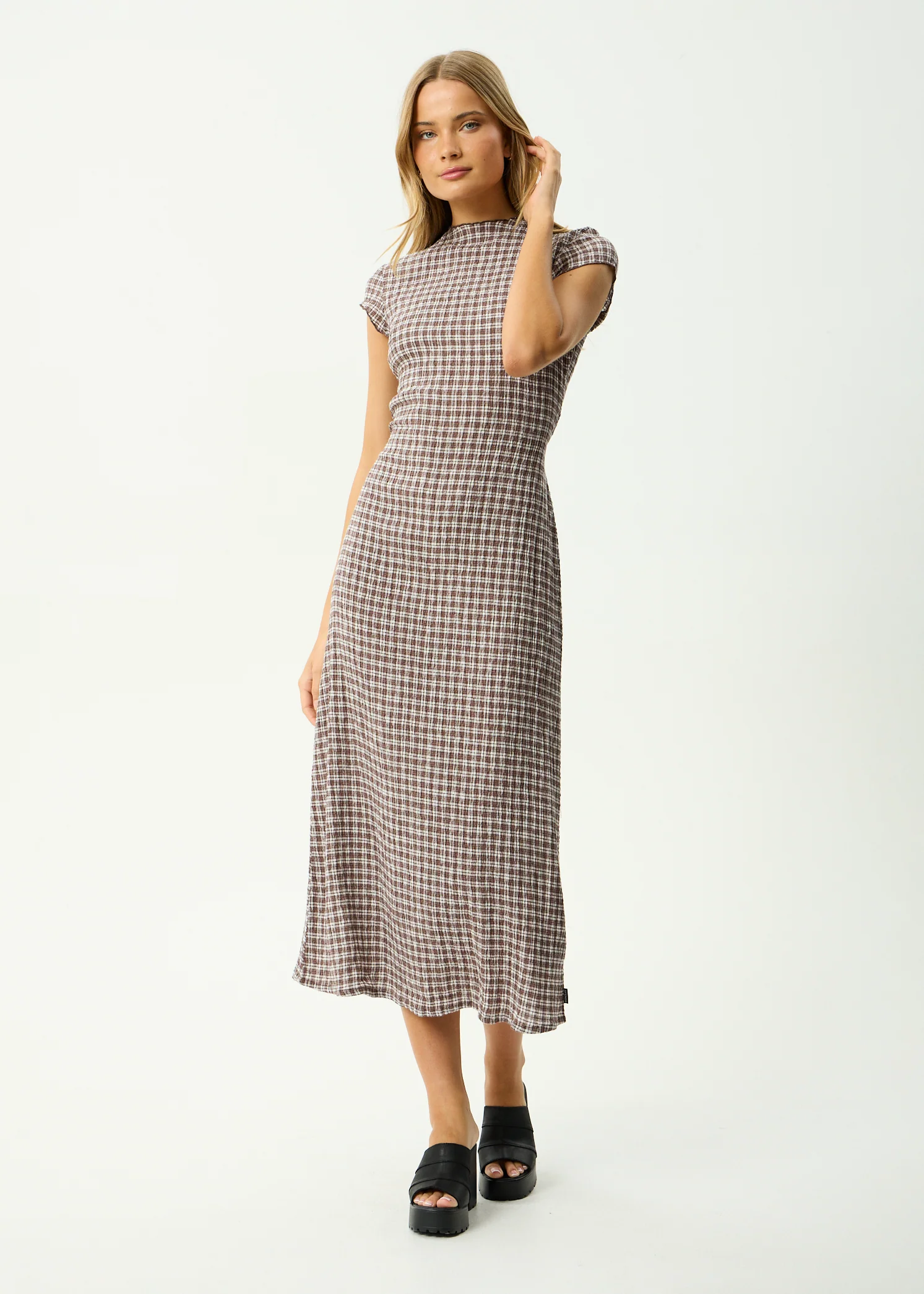 AFENDS Womens Elodie - Seersucker Midi Dress - Coffee Check