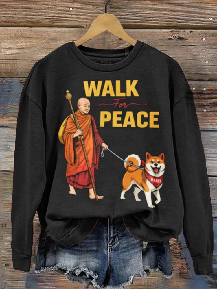 Retro Walk For Peace Monks With Aloka Dog Print Crew Neck Sweatshirt